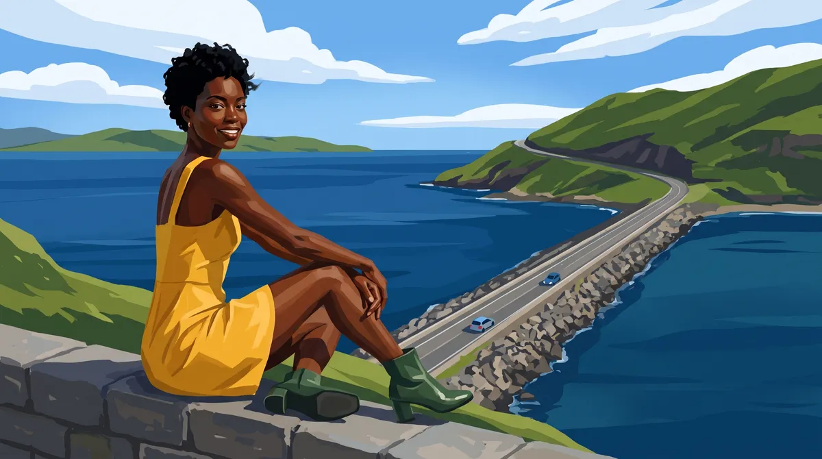 Woman on a lookout wall above a long causeway