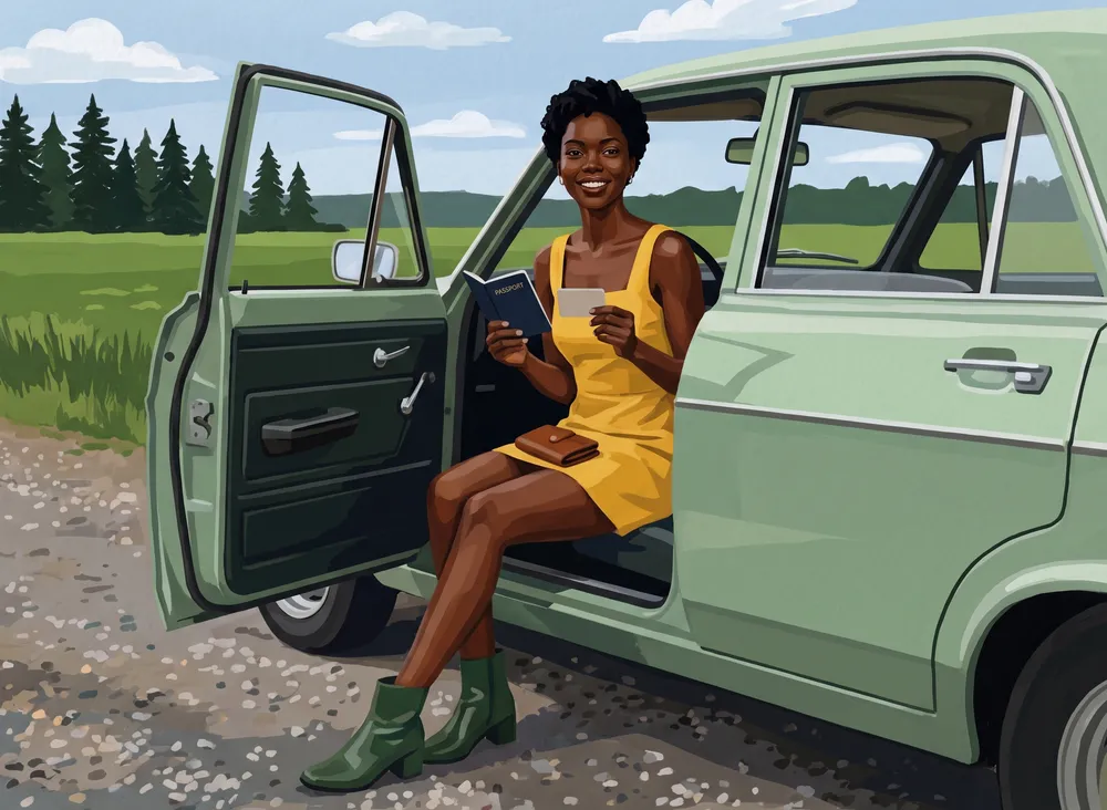 Woman in an open car door checking her ID