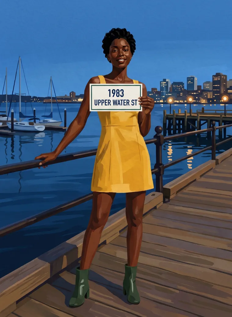 Woman on a boardwalk with a 1983 Upper Water St card