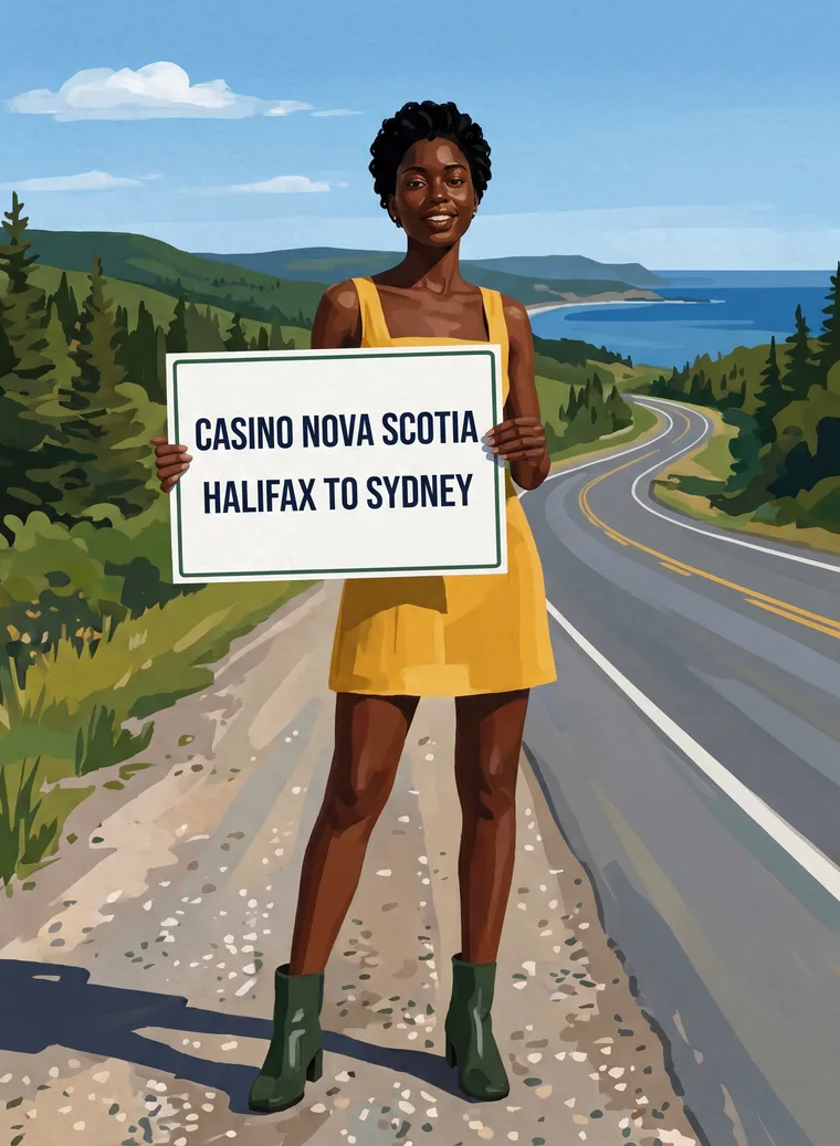 Woman on a roadside holding a Casino Nova Scotia card