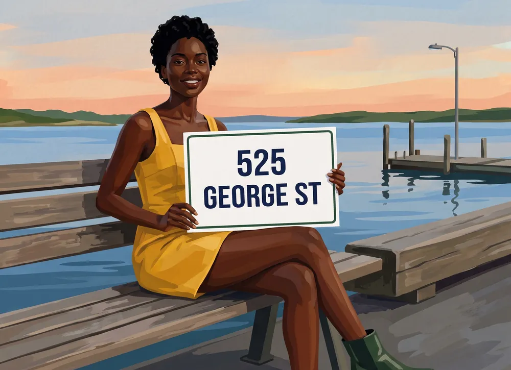 Woman on a harbour bench with a 525 George St card